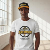 Male wearing Faith Is My Superpower shirt and HAVE FAITH hat