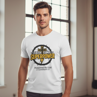 Male wearing Faith Is My Superpower shirt