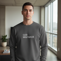 Male wearing GOD SELF-MADE charcoal crewneck