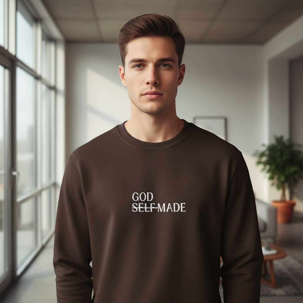 Male wearing GOD SELF-MADE crewneck