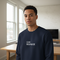 Male wearing GOD SELF-MADE navy crewneck