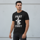Middle Eastern male model in black Pray First shirt - no crown